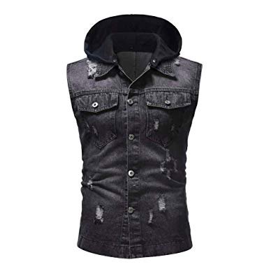 Ankola Men's Hoodie Vest, Mens Workout Hooded Tank Tops Sleeveless Casual Denim Vest Jacket with Detachable