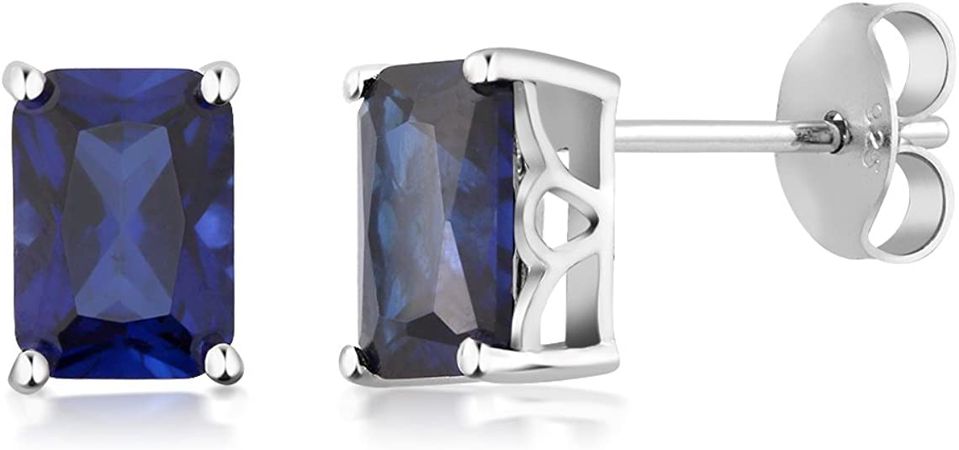 Amazon.com: Gem Stone King 925 Sterling Silver Simulated Blue Sapphire Bridal Stud Earrings For Women (2.00 Cttw, 7X5MM Emerald Cut) : Clothing, Shoes & Jewelry