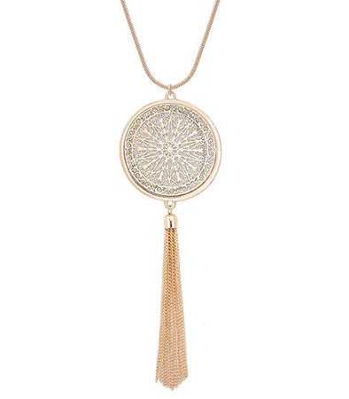 Amazon.com: MOLOCH Long Necklaces for Woman Disk Circle Pendant Necklaces Tassel Fringe Necklace Set Statement Pendant (Gold): Clothing