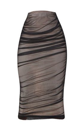 Black Ruched Mesh Midaxi Skirt | Skirts | PrettyLittleThing