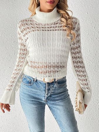 SHEIN Frenchy Turtleneck Hollow Knitted Fitted Sweater | SHEIN