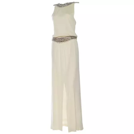 1970s Ivory Silk Jersey Gown With Crystal and Pearl Beading For Sale at 1stDibs