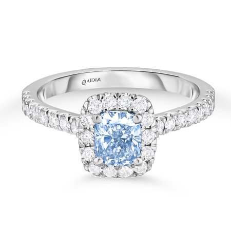 Surprise Diamond Halo Engagement Ring with a 0.77ct Fancy Light Blue, VS2 Cushion Cut Lab-Grown Diamond | AIDIA Fine Jewelers
