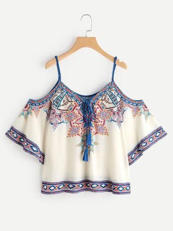 (18) Pinterest - Aztec Print Cold Shoulder Lace Up Boho Fringe Top$20.99 #onlineshopping #dresses #plussize #nyc #dress #plussizedr | Shop AleyaCollections.com