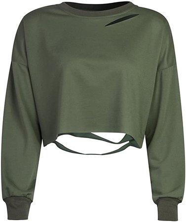 Choies Women Army Green Long Sleeve Ripped Cropped Sweatshirt Loose Pullover Crop Top L at Amazon Women’s Clothing store