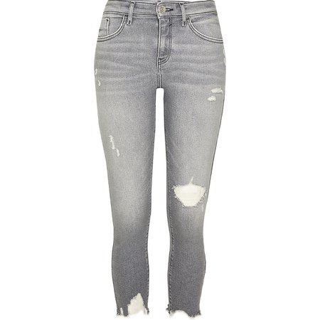 Petite grey Amelie mid rise rip skinny jeans | River Island