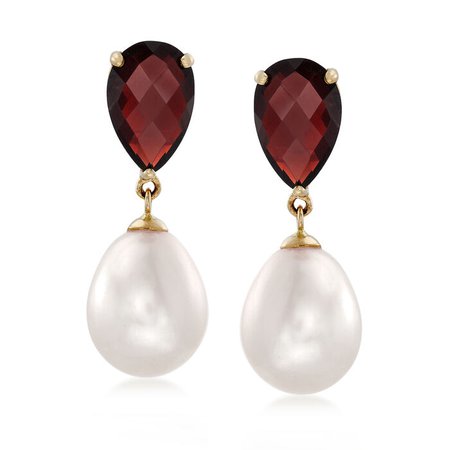 6.50 ct. t.w. Garnet and 14x10mm Cultured Pearl Drop Earrings in 14kt Yellow Gold | Ross-Simons