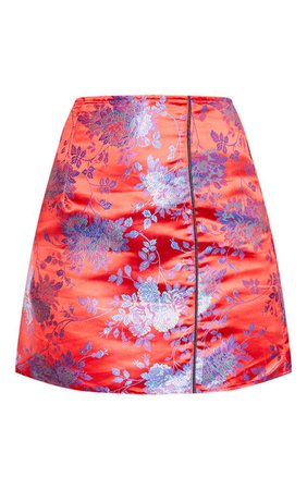 Red Oriental Print Satin A Line Skirt | PrettyLittleThing