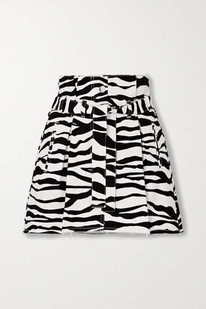 The Belted Frayed Zebra-print Denim Mini Skirt - White