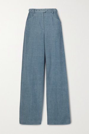 Norman Belted Linen And Cotton-blend Corduroy Wide-leg Pants - Light blue