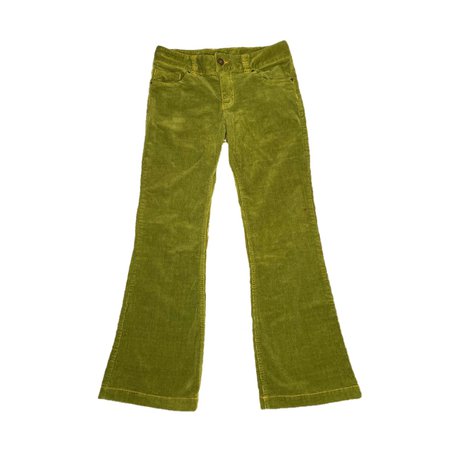 green and orange contrast stitch corduroy pants