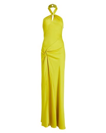 Ronny Kobo Selina Open-Back Satin Halter Gown in yellow | INTERMIX®