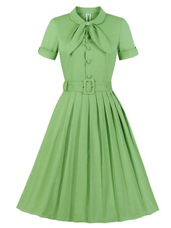 Green Bow Collar Short Sleeve Dress