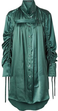 Oversized Ruched Silk-charmeuse Blouse - Petrol