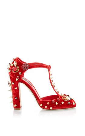 Red Velvet Studded T-Strap Pump by Dolce & Gabbana | Moda Operandi