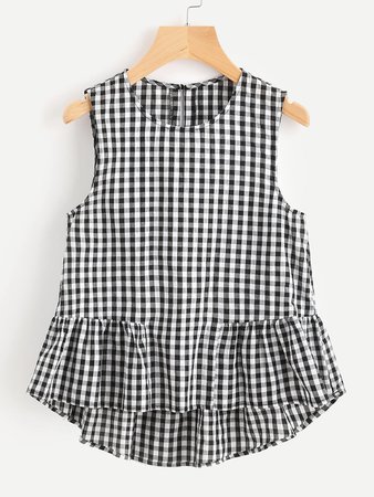 Buttoned Keyhole Tiered Hem Gingham Shell Top