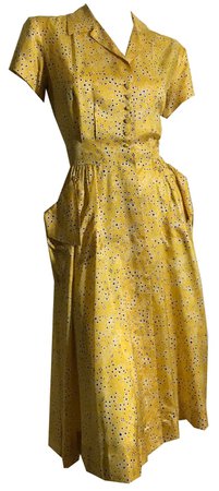 Sunshine Yellow Shirt Waist Dress with Deep Blue Geometric Confetti Print circa 1940s