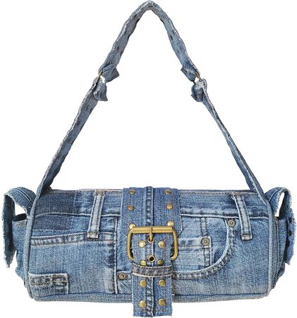 Amazon.com: Upcycling Blue Denim Jeans Punk Brass Rivet Studded Buckle Belt Decorative Barrel Shoulder Handle Handbag Purse : Clothing, Shoes & Jewelry