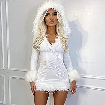 NUFIWI Y2k Hooded Dress for Women Fur Trim Hoodie Dresses Deep V Neck Mini Dress Aesthetic Cute Clothes(A White Feathers,L) at Amazon Women’s Clothing store
