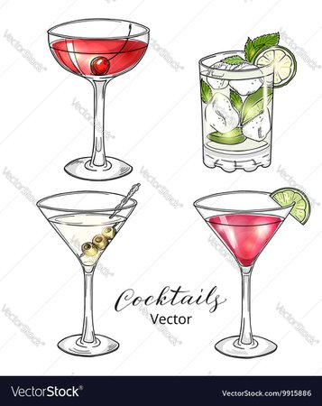 Set of hand drawn alcoholic cocktails isolated on Vector Image