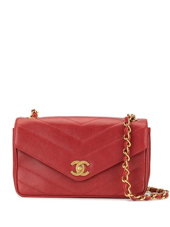 Red Chanel Pre-Owned V-stitch Chain Shoulder Bag | Farfetch.com