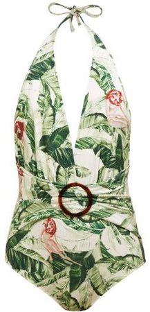 Adriana Degreas X X Tropical Print Halterneck Swimsuit - Womens - Green