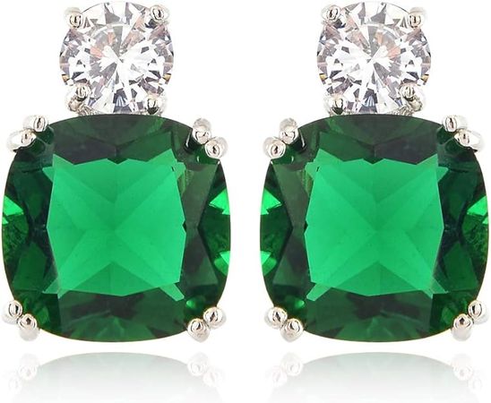 Amazon.com: [RIZILIA CLASSIC] Stud Pierced Earrings with Cushion Cut Gemstones CZ [Green Emerald] in 18K White Gold Plated, Simple Modern Elegant: Clothing, Shoes & Jewelry