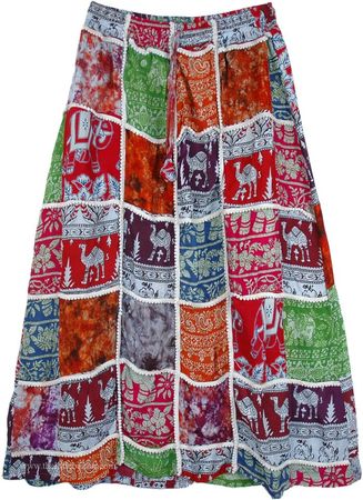 Artistically Inspired Elephant Patchwork Tribal Skirt | Clearance | Multicoloured | Patchwork, Misses, Floral, Printed, Elephant, Sale|19.99|