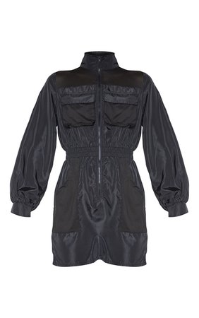 Black Contrast Mesh Zip Shell Bodycon Dress | PrettyLittleThing USA