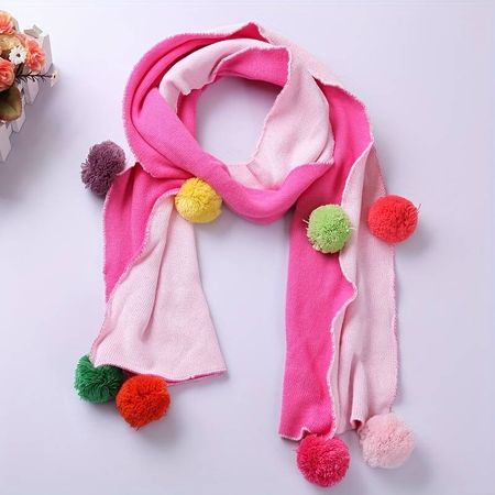 1pc Girl's Double-sided Different Color Scarf With Pom-poms, Contrasting Colors, Soft And Warm, Cute For Autumn And Winter,temu