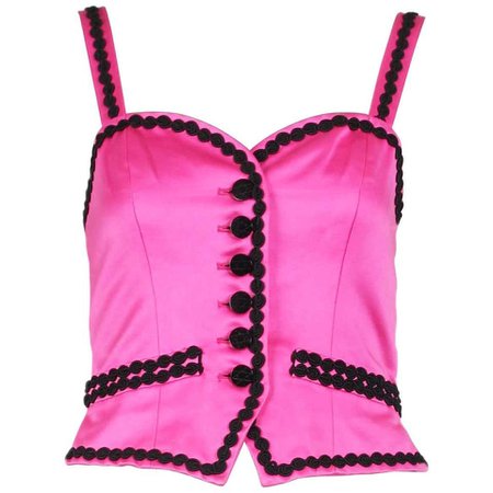 Vintage Yves Saint Laurent YSL Pink Bustier W/ Black Trim and Black Button Detail For Sale at 1stdibs