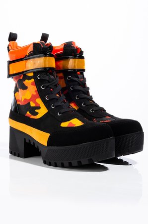 AKIRA Printed Synthetic Upper Round Toe Platform Sole Lace Up Bootie In Orange Camo