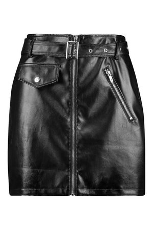 Zip Detail Leather Look Mini Skirt | Boohoo black