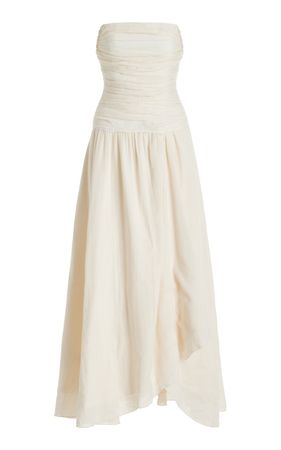 Hightide Ruched Drop-Waist Cotton-Ramie Maxi Dress By Staud | Moda Operandi