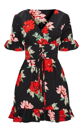 Black Corset Floral Swing Dress | PrettyLittleThing