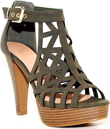 Amazon.com | TRENDSup Collection Open Toe Ankle Strap Sandal – Western Bootie Stacked Heel Open Toe Cutout Shoes (9, Olive) | Heeled Sandals