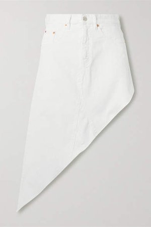 Asymmetric Frayed Denim Skirt - White