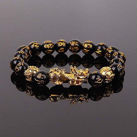 Amazon.com: Goldenlight 2 Pcs Pi Xiu Bracelet Feng Shui Black Obsidian Wealth Bracelet for Women Men Adjustable Elastic: Clothing