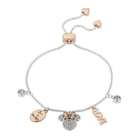 Disney's Minnie Mouse Two-Tone "Love is Bowtiful" Crystal Charm Bolo Bracelet