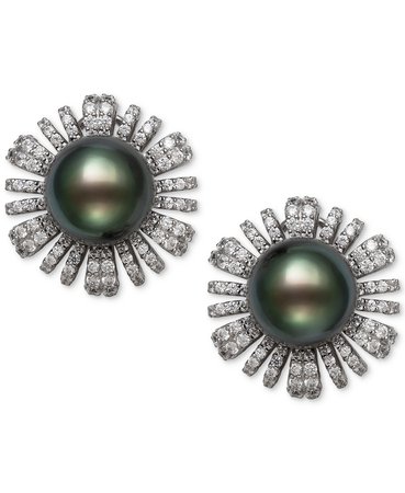 Belle de Mer Sterling Silver Cultured Black Tahitian Pearl & Cubic Zirconia Flower Stud Earrings