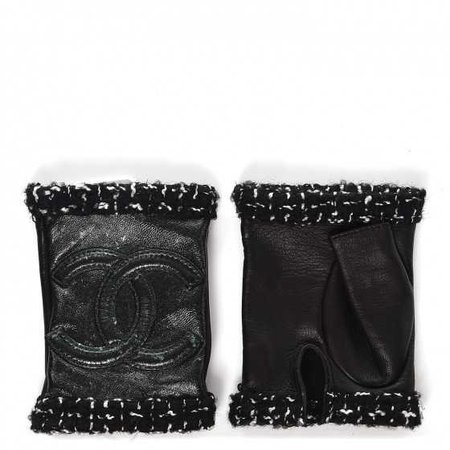 CHANEL Lambskin Fantasy Tweed CC Fingerless Gloves 6.5 Black Green 239997