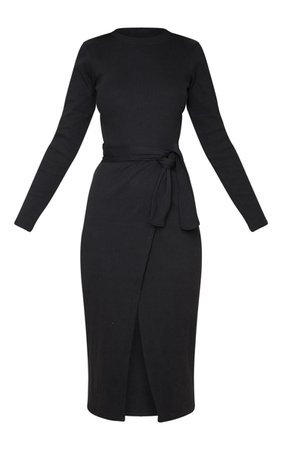 Black Heavy Rib Tie Waist Wrap Midi Dress | PrettyLittleThing USA