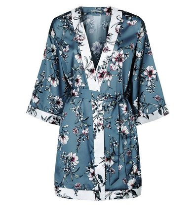 Nicola Blue Floral Satin Robe | New Look