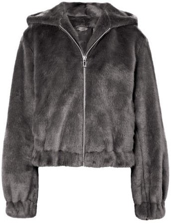 Hooded Faux Fur Bomber Jacket - Gray