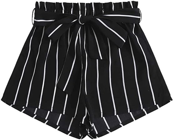 Milumia Women's Casual Striped Tie Paperbag Waist Wide Leg Belted Summer Shorts Black X-Small at Amazon Women’s Clothing store