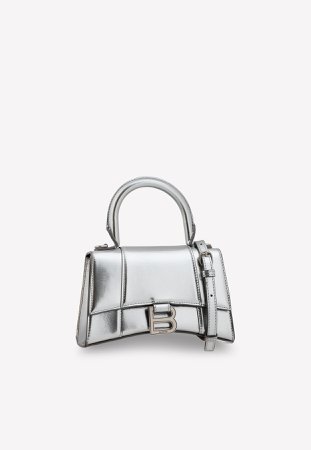 Balenciaga Hourglass Xs Top Handle Bag In Metallic Calfskin In Silver | ModeSens