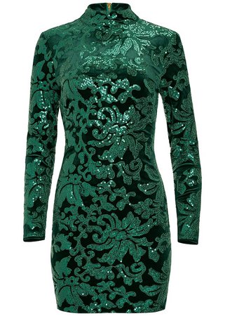 Sequin Detail Velvet Dress in Dark Green | VENUS