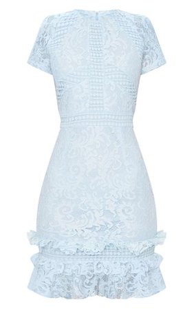 Dusty Blue Frill Hem Lace Bodycon Dress | PrettyLittleThing
