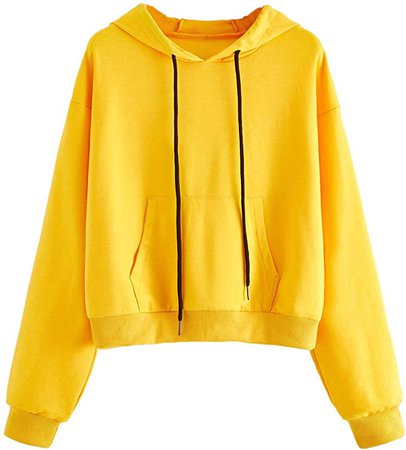 SweatyRocks Women's Casual Long Sleeve Hoodie Crop Top Sweatshirt with Pocket Yellow L at Amazon Women’s Clothing store