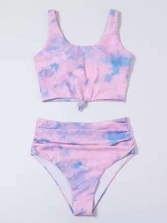 Tie Dye Knot Hem Ruched Bikini Swimsuit | SHEIN USA